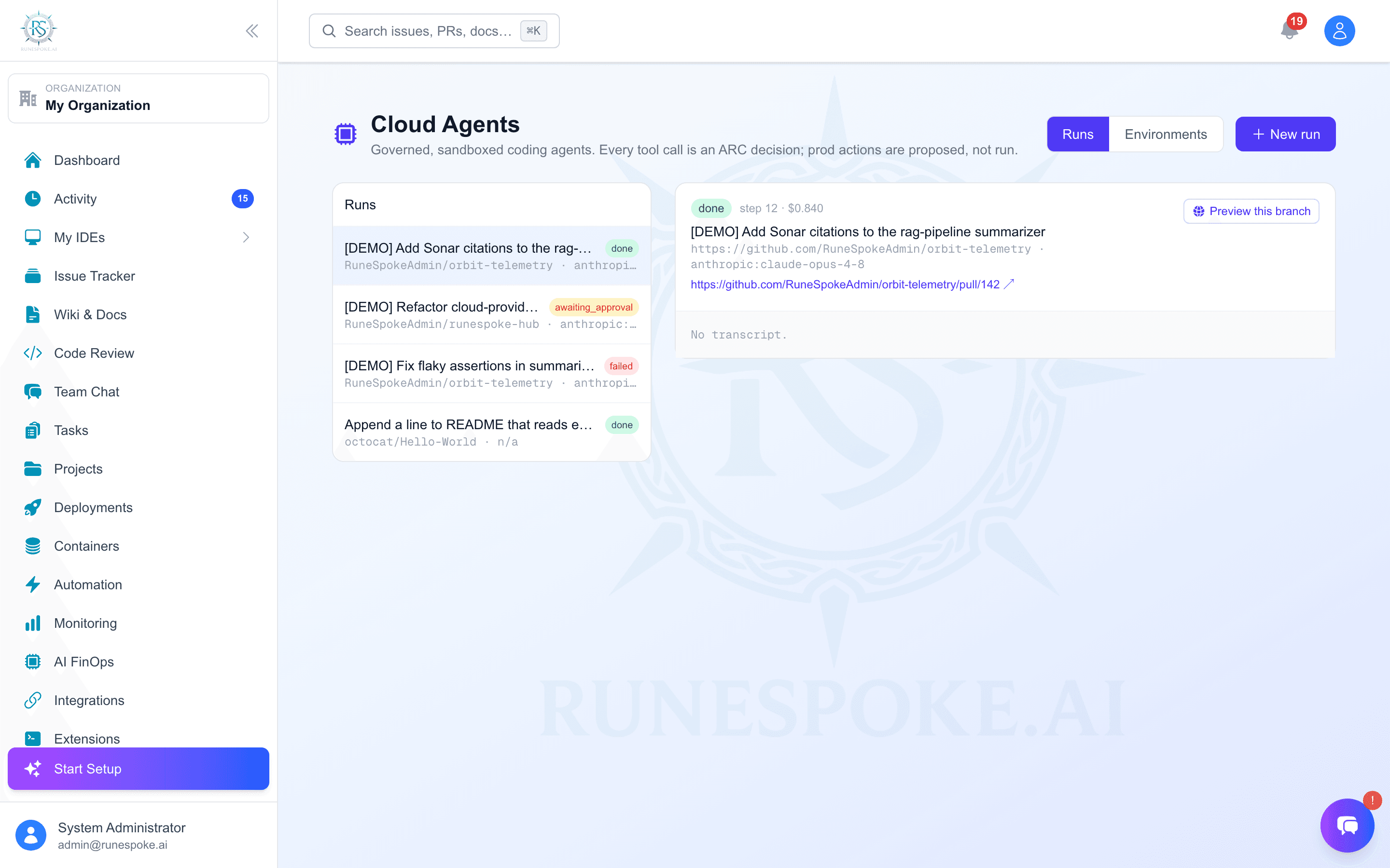Cloud Agents run list